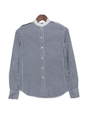Celine Long Sleeve Shirt with Epaulette Striped Pattern Stand Collar Top Blue